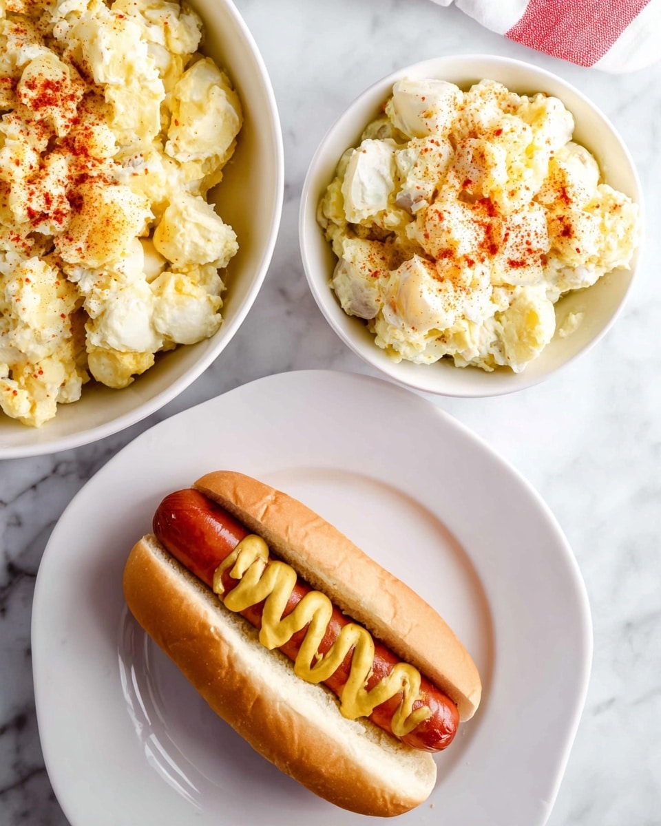 A white plate holds a hot dog with a light brown bun and a reddish-brown sausage inside, topped with zig-zag mustard. Next to the hot dog is a small white bowl filled with creamy, pale yellow potato salad sprinkled with red seasoning, placed on the same white plate. Above, a larger white bowl is filled with more of the creamy potato salad, similarly sprinkled with red seasoning. The dishes are set against a white marbled surface. Photo taken with an iphone --ar 4:5 --v 7