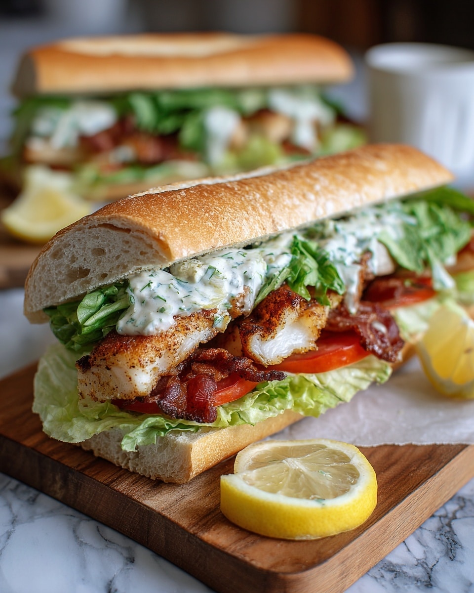 A close-up of a sandwich on a wooden board with a white marbled texture underneath, showing four visible layers inside a long, lightly toasted baguette. The bottom layer has fresh green lettuce and a slice of red tomato. Above that, there is crispy brown bacon, followed by a layer of golden-brown grilled fish fillet. On top of the fish, there is a creamy white sauce with herbs, and more fresh green lettuce close to the top bread slice. A lemon wedge sits on the marbled surface near the sandwich, and a second sandwich is softly blurred in the background. Photo taken with an iphone --ar 4:5 --v 7