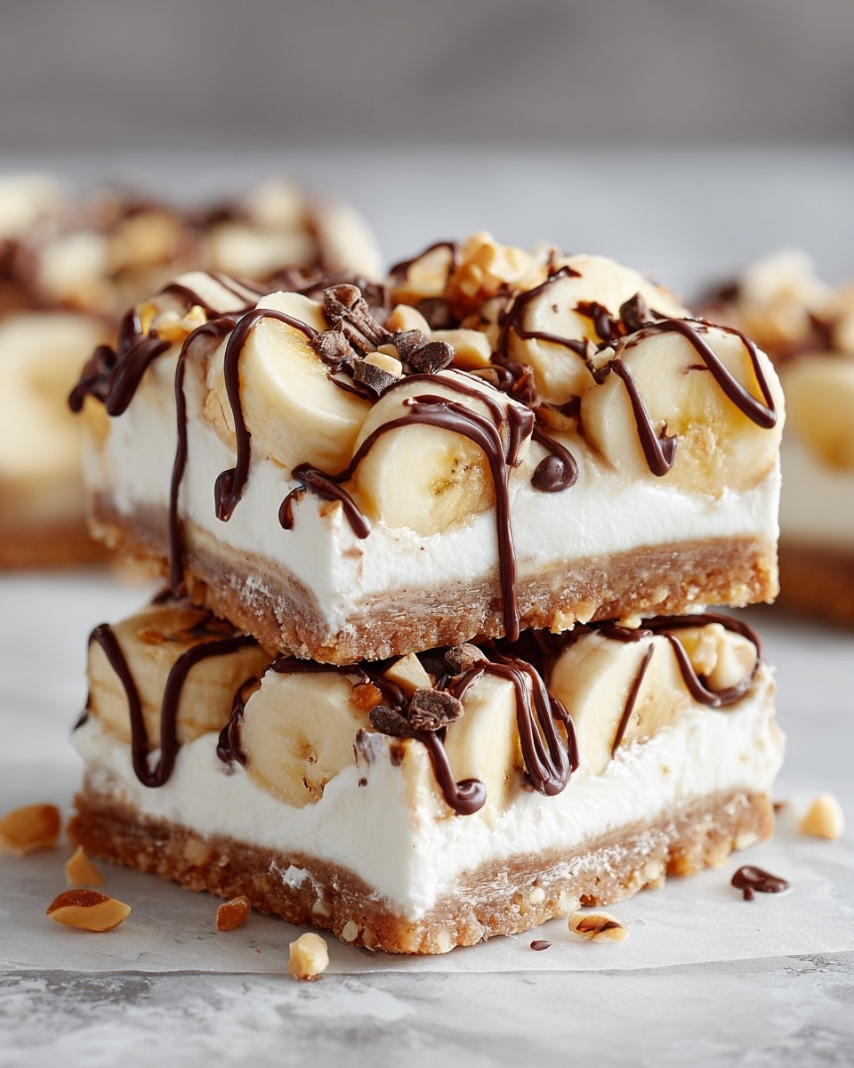 This image shows three square dessert bars stacked closely together on a white marbled surface. Each bar has three clear layers: the bottom layer is a light brown crust with a crumbly texture, the middle layer is thick and white, smooth cream, and the top layer is decorated with several slices of banana arranged evenly. Dark chocolate drizzle runs diagonally across the top, and small chunks of chocolate and tiny pieces of nuts are sprinkled over the banana slices and cream. The background is softly blurred, keeping the focus on the bars. photo taken with an iphone --ar 4:5 --v 7