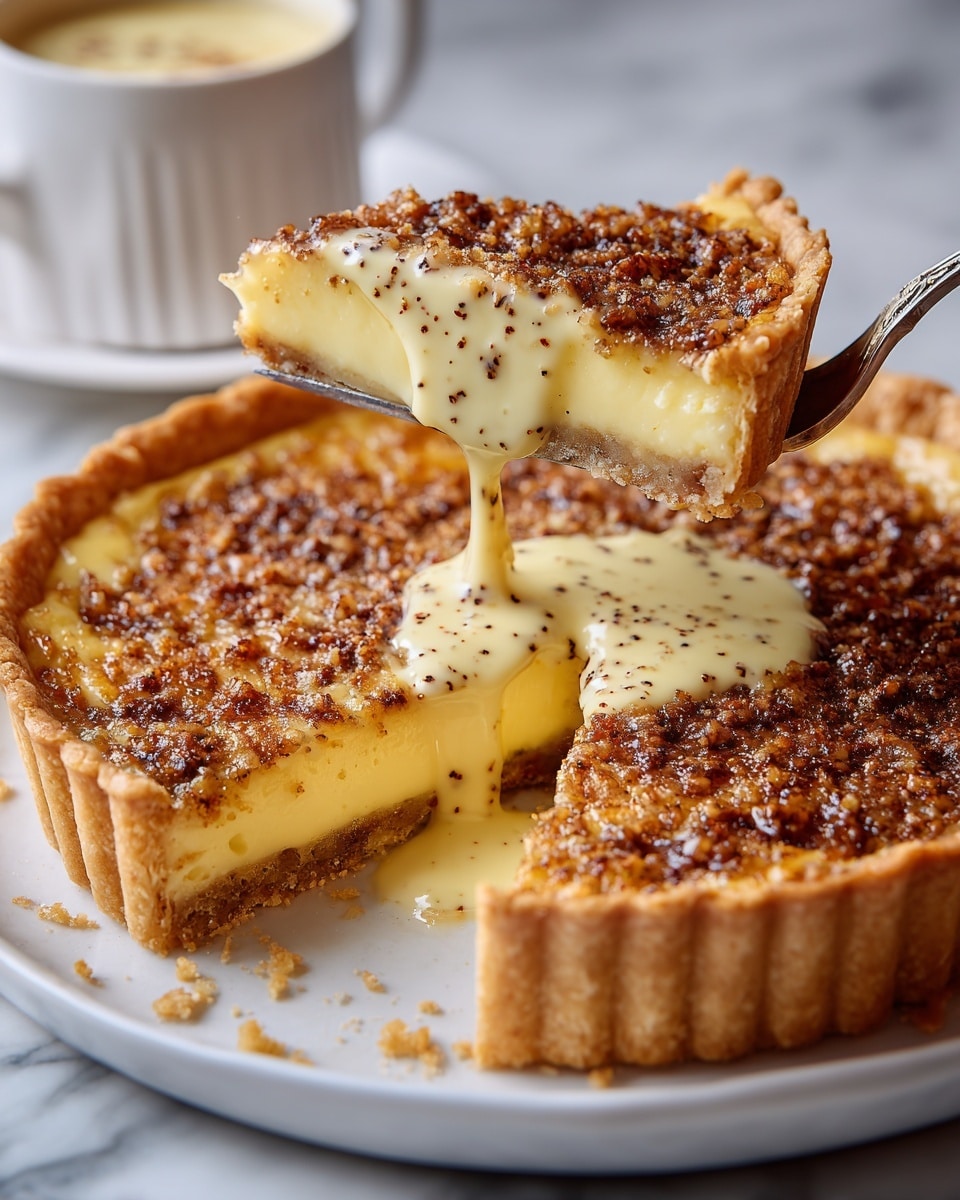 A close-up of a tart with a golden brown crust that is thick and crimped around the edges. The tart has two main layers: a creamy pale yellow filling that looks smooth and soft, and a top layer sprinkled with darker brown, crispy nuts and sugar bits. A slice is being lifted by a fork on the right side, showing the creamy inside clearly. A rich, thick light cream sauce with black specks is being poured gently from a small white creamer onto the tart, pooling on the surface. The tart sits on a white plate, all placed on a white marbled surface. Photo taken with an iphone --ar 4:5 --v 7