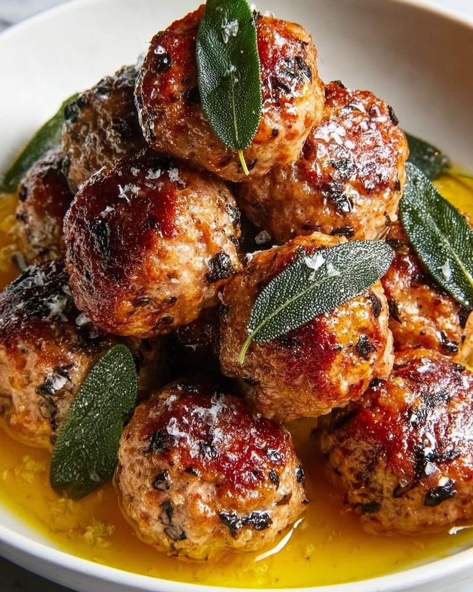 A close-up view of a white plate filled with nine browned meatballs, each with a crispy, golden-brown exterior speckled with black herbs, stacked in a small pile. The meatballs sit in a shallow pool of bright yellow-orange oil, giving a shiny, moist look to the dish. Each meatball is topped with a fresh green sage leaf, and coarse salt crystals are sprinkled over the surface, adding a rough texture to the smooth meatballs. The scene is set on a white marbled surface that softly contrasts with the rich colors of the food. Photo taken with an iphone --ar 4:5 --v 7