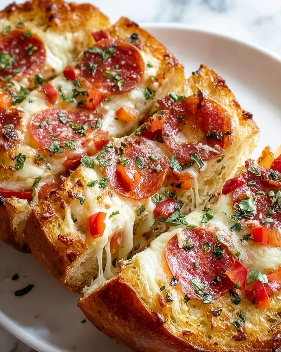 The image shows a close-up of a sliced garlic bread topped with melted cheese, pepperoni slices, small bits of red bell pepper, and green herbs. The bread is golden brown and crispy on the edges, with visible melted cheese strands stretching over the toppings. The pepperoni slices are bright red with a slightly shiny texture, and the herbs sprinkled on top add fresh green contrast. The garlic bread is placed on a white plate, set against a white marbled surface. photo taken with an iphone --ar 4:5 --v 7