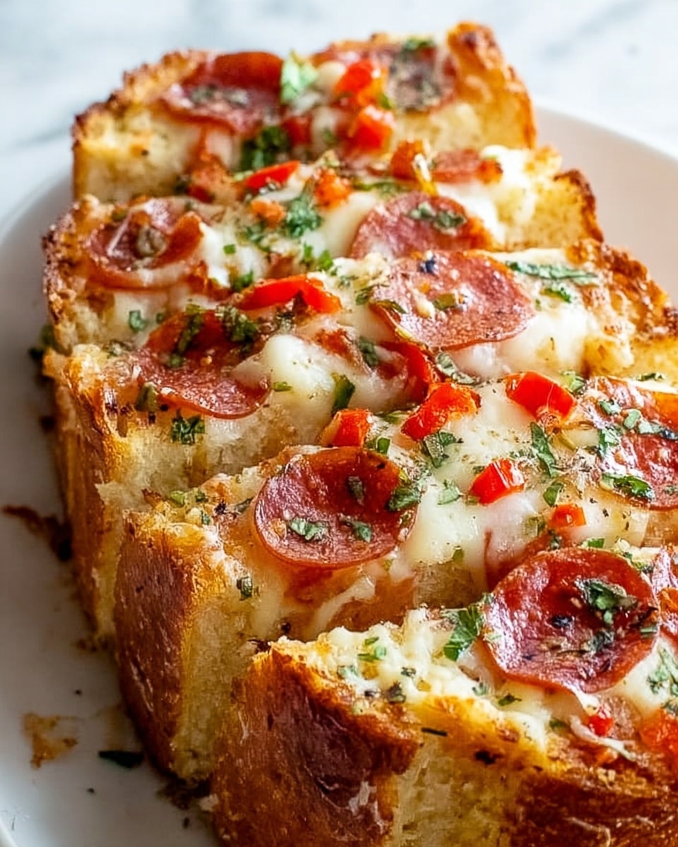 The image shows a close-up of a thick, sliced garlic bread topped with melted cheese, pepperoni slices, small red bell pepper pieces, and sprinkled green herbs. The bread has a golden-brown crust with the cheese evenly melted and slightly browned on top. Each slice is cut but still connected at the base, with visible texture of soft bread inside. The toppings are spread across the top layer, creating a colorful mix of red, white, and green tones. The garlic bread sits on a white plate against a white marbled surface. photo taken with an iphone --ar 4:5 --v 7