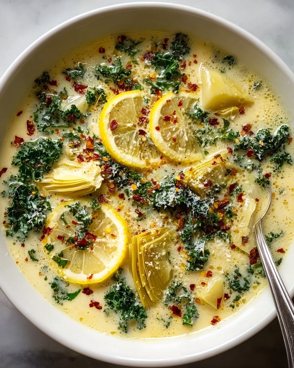 A close-up image of a creamy soup served in a white bowl placed on a white marbled surface. The soup has a light beige, smooth, and creamy base with visible pieces of artichoke hearts that are pale yellow, layered thickly and positioned evenly around the bowl. Bright green kale leaves are spread generously on top, adding a textured leafy look. Thin slices of yellow lemon are scattered in the soup, partially submerged, showing some zest and pulp detail. A light dusting of grated cheese and small red chili flakes are sprinkled across the surface, adding speckled color and texture. A spoon sits on the right edge of the bowl in the soup. photo taken with an iphone --ar 4:5 --v 7
