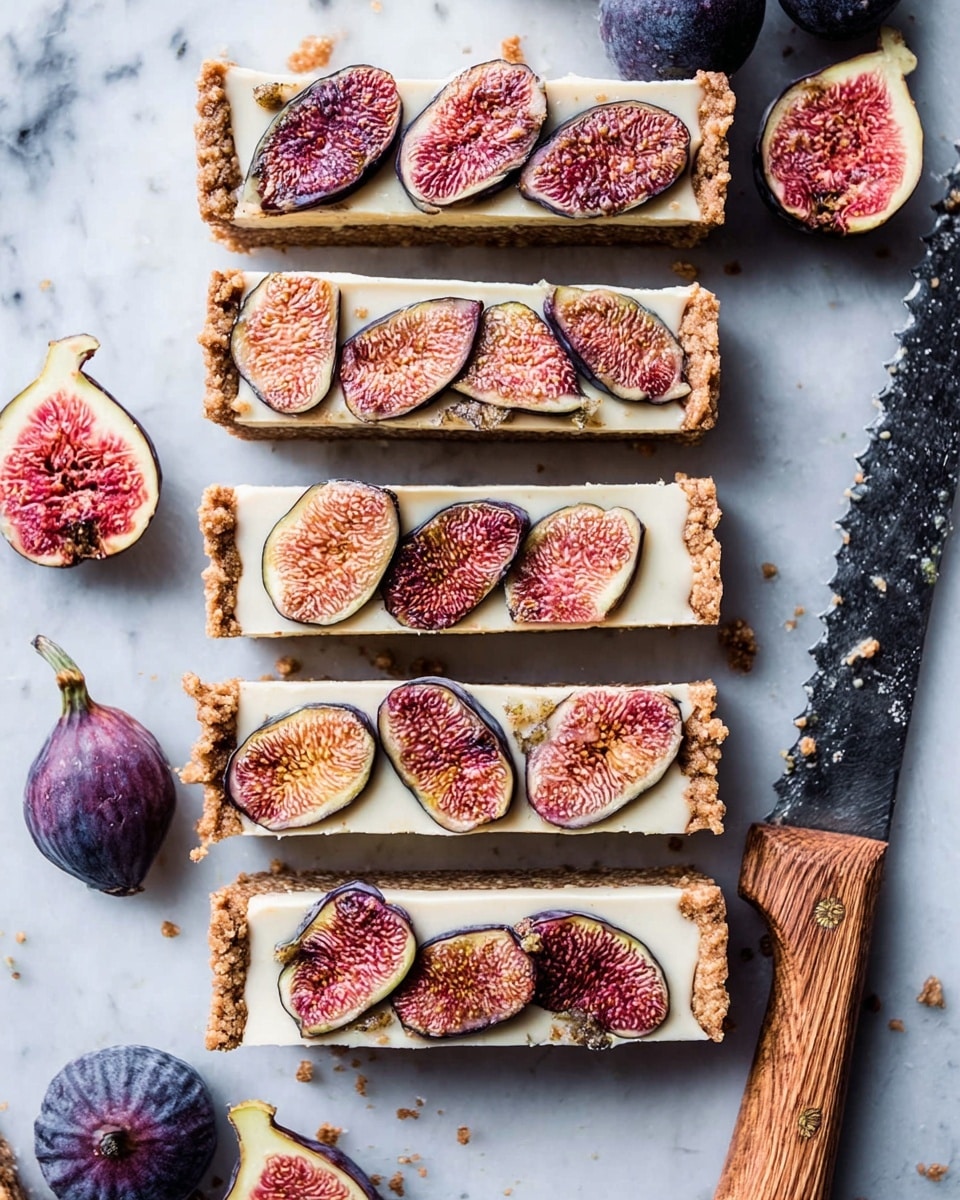 The image shows five rectangular bars of a dessert arranged vertically on a white marbled texture. Each bar has three distinct layers: the bottom layer is a thick, crumbly light brown crust, the middle layer is a creamy pale off-white filling, and the top layer is decorated with evenly spaced dark purple and bright pink fig slices with detailed seeds visible. The bars have a slightly rough edge where the crust and filling meet. Around the bars, some whole and halved figs with similar colors rest on the white marbled surface. A serrated knife with a wooden handle lies on the right side near the bars, with some crumbs scattered around. photo taken with an iphone --ar 4:5 --v 7