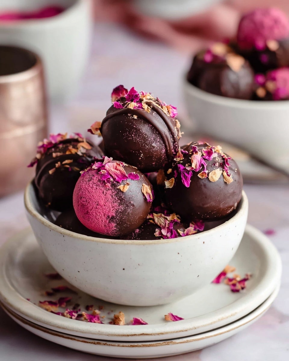 A white bowl filled with round chocolate truffles is placed on a matching white plate, both resting on a white marbled surface. The truffles are dark brown and are decorated with bright pink and light brown flower petals sprinkled on top, creating a colorful contrast. Some truffles have a smooth dark chocolate coating, while others show a textured pink powder partially covered by drizzles of dark chocolate. The bowl holds several layers of truffles, piled high and closely packed, making the dessert look rich and inviting. In the blurred background, another white bowl with similar truffles sits on the same white marbled surface. Photo taken with an iphone --ar 4:5 --v 7