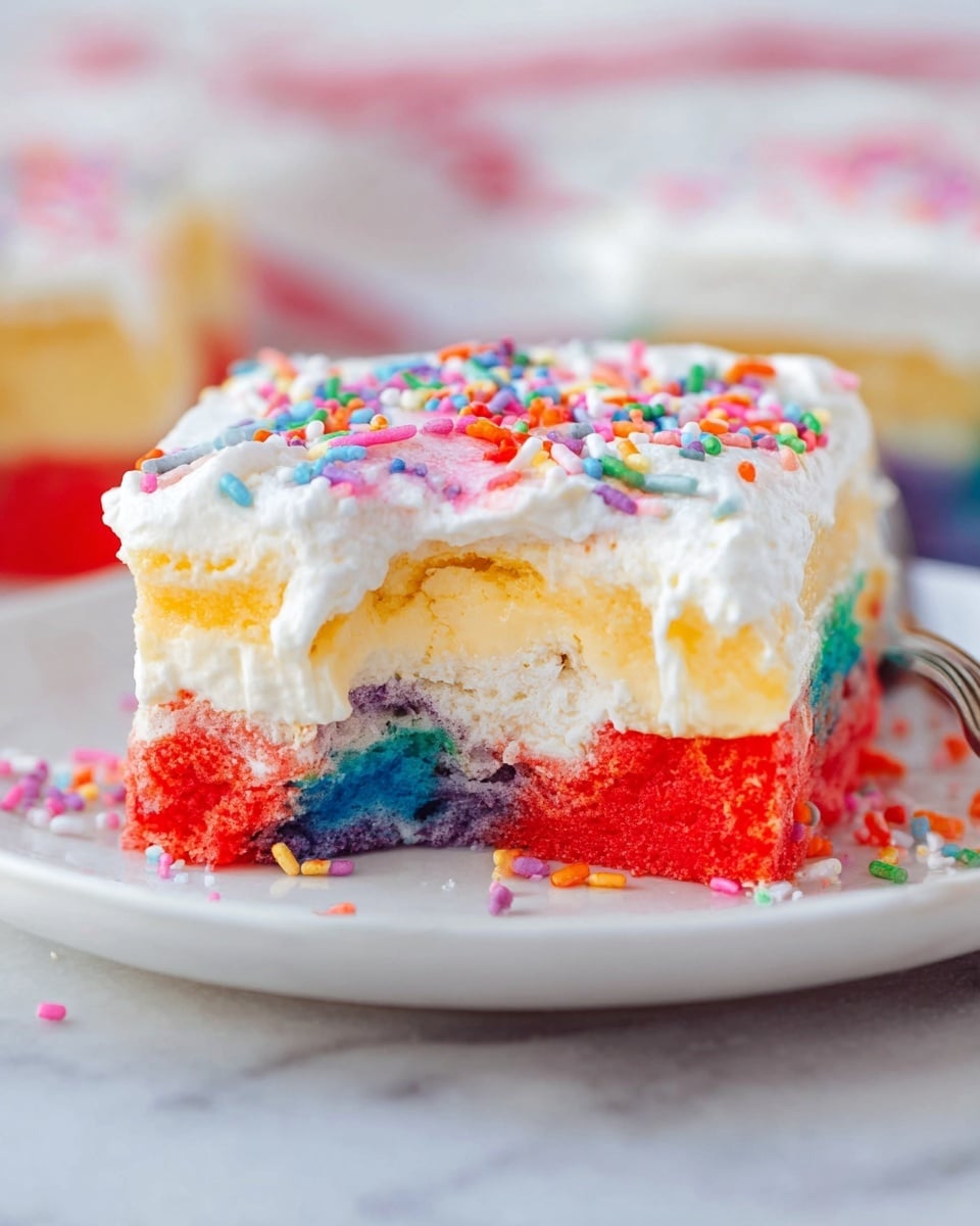 A close-up of a colorful layered dessert piece on a white plate, placed on a white marbled surface. The bottom layer is bright red with specks of blue and purple cake mix. Above that is a smooth layer of creamy yellow pudding, topped with a thick white whipped cream layer sprinkled with small, vibrant, multi-colored sprinkles in pink, green, orange, blue, and yellow. Some creamy pudding slightly drips down the sides between the cake layers, and a small bite is taken out from the front, revealing the inside textures. Photo taken with an iphone --ar 4:5 --v 7