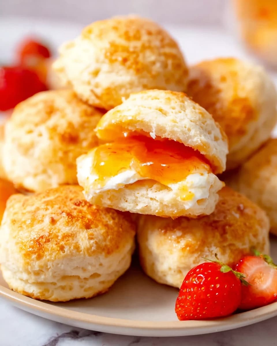 The image shows a close-up of small round biscuits stacked on a white plate with a white marbled surface in the background. One biscuit in the center is split open, revealing a creamy white layer topped with bright orange jam that looks sticky and glossy. The biscuits have a golden-brown, slightly crumbly texture with tiny cracks on the surface. Around the biscuits, there are a few small bright red strawberries adding a pop of color. The overall look is warm and inviting, focusing on the soft and flowing jam inside the biscuit. photo taken with an iphone --ar 4:5 --v 7