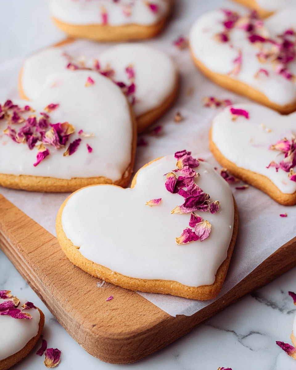 The image shows several heart-shaped cookies with a golden-brown base layer, each topped with a smooth layer of white icing that covers the entire cookie surface. On top of the white icing, there are scattered small dried pink and red flower petals, adding a delicate and colorful contrast. The cookies are placed on a wooden board lined partially with white parchment paper, all set on a white marbled surface. Some loose flower petals are sprinkled around the cookies on the surface. photo taken with an iphone --ar 4:5 --v 7