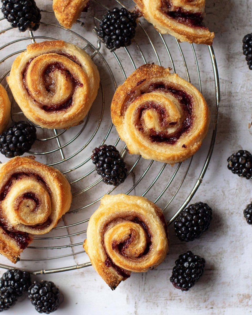 Two small round pastries with three visible layers sit on a white plate. The outer layer is a light golden-brown flaky crust, the middle layer is a soft dough with a slightly rough texture, and the innermost layer is a dark purple or red jam spiral. The pastries have a coiled, swirl shape, with the jam forming a tight spiral inside. In the background, several more similar pastries rest on a cooling rack on a white marbled surface. Photo taken with an iphone --ar 4:5 --v 7