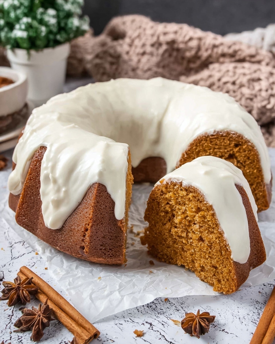 A round bundt cake with a light brown color shows a soft, moist texture and is covered with a thick layer of smooth cream-colored frosting on top. Three slices of the cake are cut and laid side by side, each slice topped with the same creamy frosting layer. The cake sits on a white paper circle on a white marbled surface. Around the cake are two cinnamon sticks placed in a cross shape, a star anise, a black plate with a silver fork, and a red bowl holding a small green pine branch. photo taken with an iphone --ar 4:5 --v 7