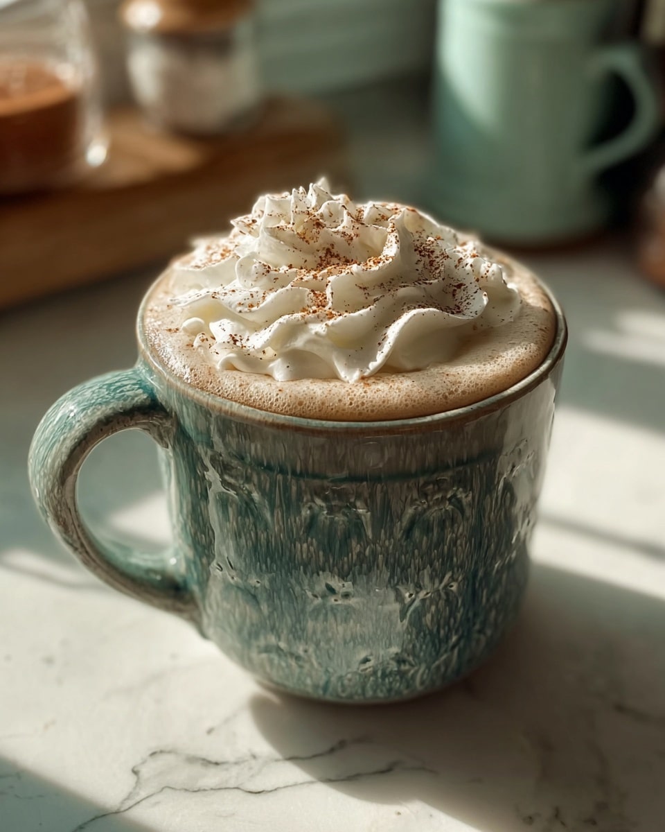 A ceramic mug with a textured greenish-blue surface holds a frothy light brown coffee drink. On top is a thick layer of white whipped cream, swirled with soft, curved peaks. The whipped cream is sprinkled with a fine dusting of brown spice, adding a delicate touch. The mug sits on a white marbled surface with sunlight casting soft shadows behind it. In the background, blurred kitchen items are visible. photo taken with an iphone --ar 4:5 --v 7