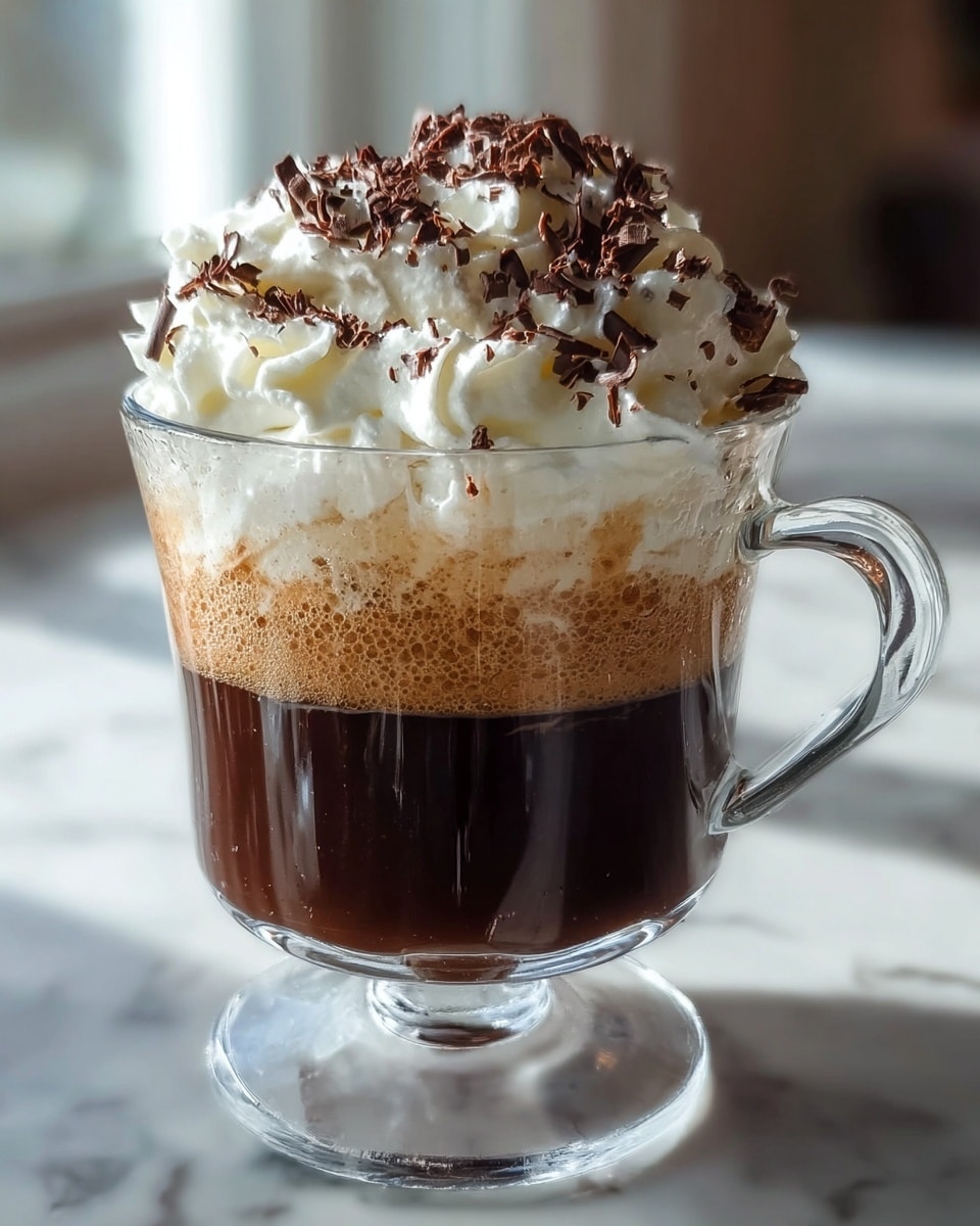 The image shows a clear glass cup with a handle, filled in three layers: the bottom is dark brown coffee, the middle has a light brown foam layer, and the top is piled high with fluffy white whipped cream. Dark chocolate shavings are scattered all over the whipped cream, adding texture and a rich contrast in color. The cup stands on a clear glass base, placed on a white marbled surface, with soft light coming from the side. photo taken with an iphone --ar 4:5 --v 7