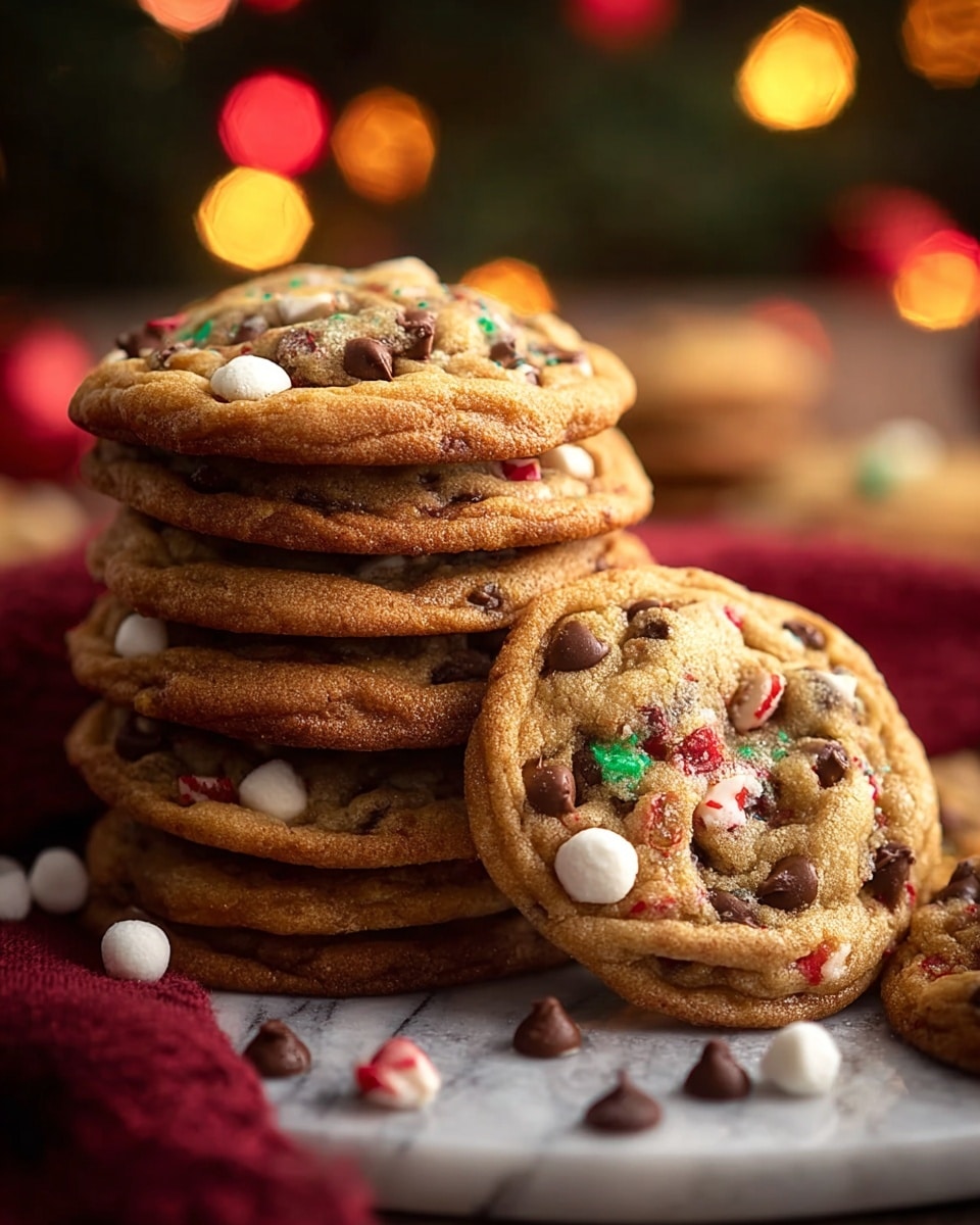 A stack of seven golden-brown chocolate chip cookies with bits of red and green candy pieces is placed on a white marbled surface, with one cookie leaning against the stack showing its detailed texture and melty chocolate chips. Scattered around the cookies are small white, red, and dark brown meringue drops adding colorful accents. In the background, out-of-focus warm yellow and red Christmas lights create a festive atmosphere. The cookies look soft and slightly chewy, resting on a dark red cloth. photo taken with an iphone --ar 4:5 --v 7