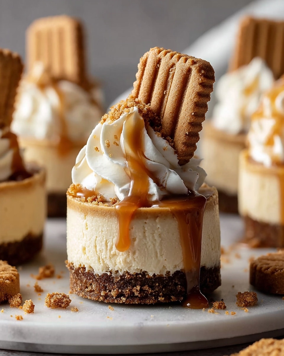 The image shows a close-up of a small cheesecake with three layers. The bottom layer is a crumbly, dark brown crust with a rough texture. The middle layer is a smooth, creamy light beige cheesecake filling. On top, there is a swirl of white whipped cream with a soft and fluffy texture, drizzled with shiny caramel sauce that flows down the sides. A square gingerbread cookie with a ridged pattern is placed upright in the whipped cream. The cheesecake sits on a white plate with a white marbled texture surface in the background, and there are more cheesecakes and cookie crumbs blurred in the back. Photo taken with an iphone --ar 4:5 --v 7