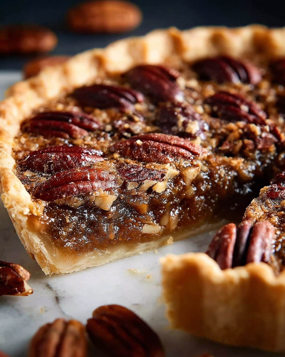 A close-up image of a pecan pie with three visible layers: the bottom crust layer is light golden and flaky, the middle filling layer is gooey and amber-colored with a sticky texture, and the top layer consists of whole and halved glossy dark brown pecans arranged densely. The pie has a crimped edge crust that is golden and slightly textured. The pie is placed on a white marbled surface with scattered pecans around it. Photo taken with an iphone --ar 4:5 --v 7