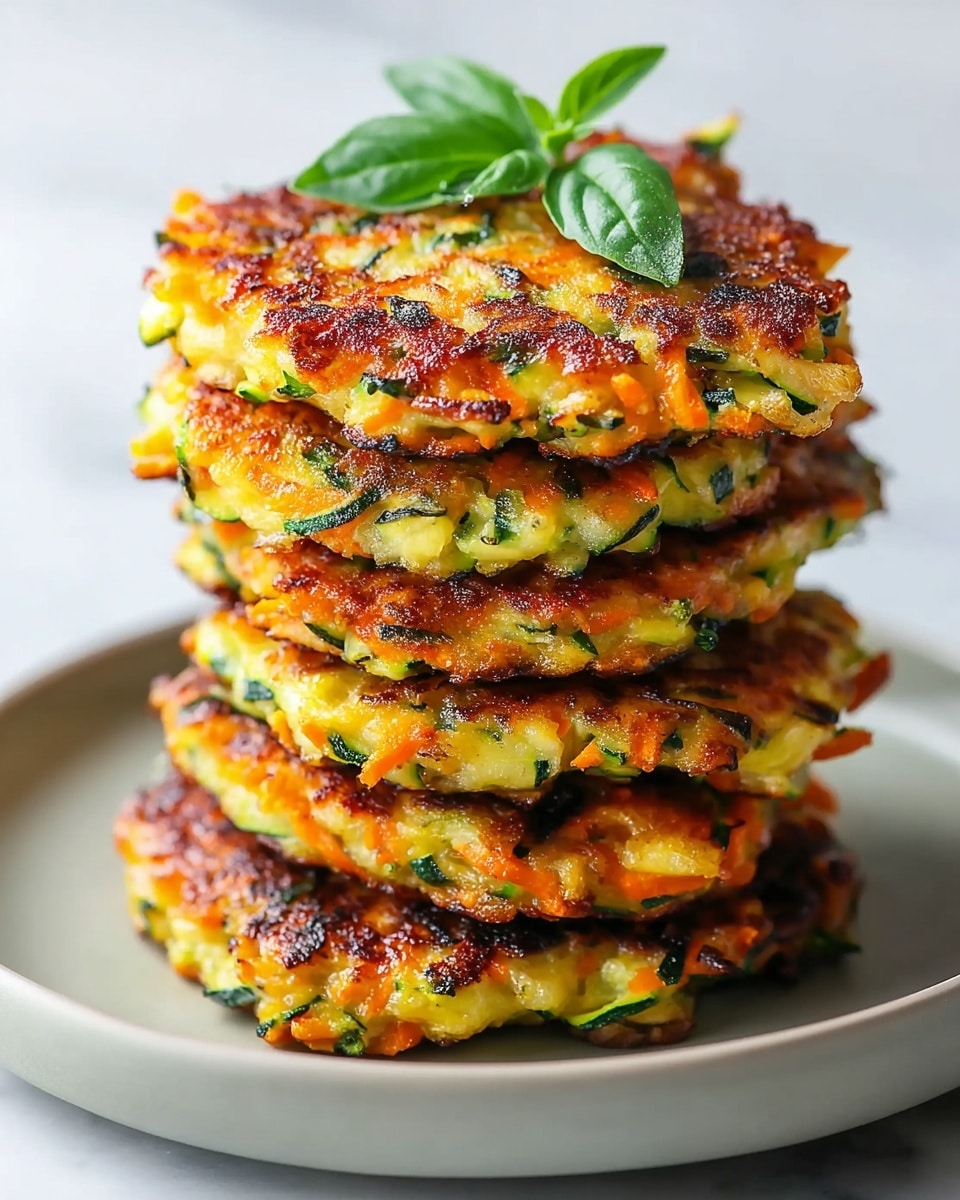 A stack of five golden-brown vegetable fritters sits on a white plate, each fritter showing visible pieces of green zucchini and orange carrot mixed into a crispy, slightly uneven textured batter. The top fritter is garnished with a small bunch of fresh green basil leaves, adding a fresh contrast to the warm colors of the fritters. The fritters have a round shape and appear thick and soft inside with crunchy edges. The background is a white marbled texture. photo taken with an iphone --ar 4:5 --v 7