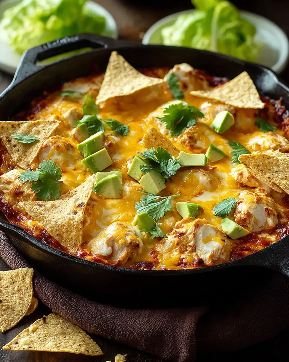 A black cast iron skillet holds a layered dish, starting with a base of rich red sauce visible at the edges, covered by a thick layer of melted yellow-orange cheese. On top, there are scattered chunks of white cooked chicken and small bright green avocado pieces. Triangular beige tortilla chips are placed around the edge and a few on the surface, while fresh green cilantro leaves add a touch of color on top. The skillet rests on a dark brown cloth, with some tortilla chips placed around it. The background features green lettuce out of focus and a white marbled texture. photo taken with an iphone --ar 4:5 --v 7