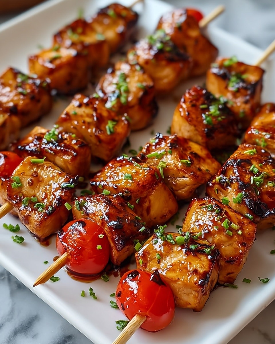 The image shows several wooden skewers placed closely on a white rectangular plate, each skewer threaded with three to four golden-brown grilled chicken cubes that have a glossy, slightly charred surface. Small pieces of bright red cherry tomatoes are interspersed between the chicken chunks on some skewers. The chicken is garnished with tiny green chopped herbs that add a fresh contrast to the rich brown glaze. The texture of the chicken looks juicy and tender with visible grill marks. The plate sits on a white marbled surface, enhancing the colors of the food. photo taken with an iphone --ar 4:5 --v 7