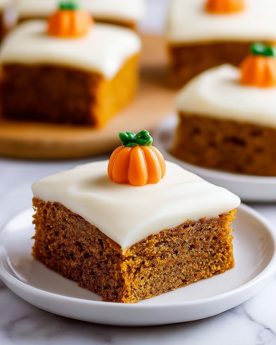 A square piece of moist, brown cake sits on a round white plate with smooth edges. The cake has one thick layer of light cream-colored frosting evenly spread on top. At the center of the frosting, there is a small, bright orange pumpkin-shaped decoration with green leaves on top. In the blurred background, other similar pieces of cake with the same frosting and pumpkin decoration are visible. The whole scene is placed on a white marbled surface. photo taken with an iphone --ar 4:5 --v 7