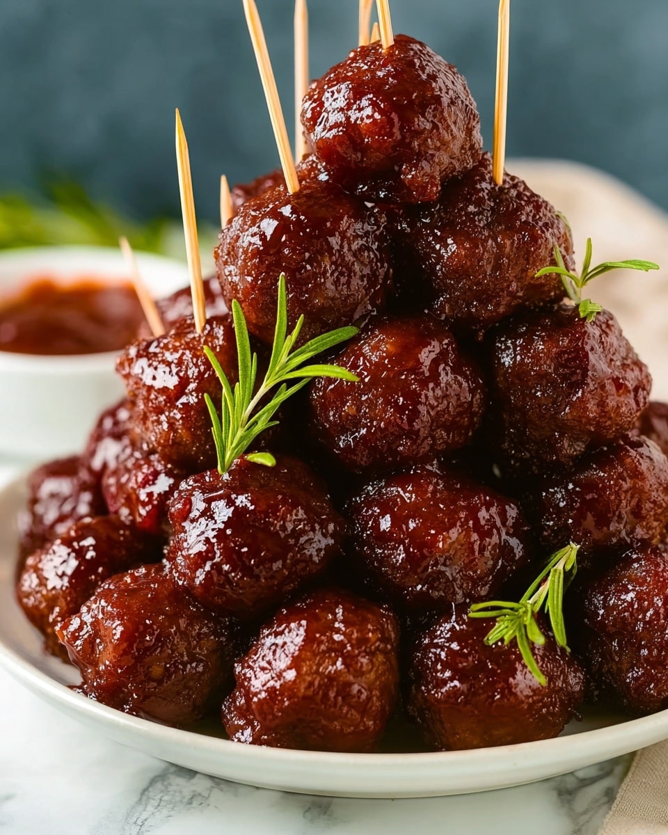 A tall pile of shiny, dark brown meatballs coated in a thick sticky sauce sits on a white plate. The meatballs are stacked in several layers forming a pyramid shape. Thin wooden sticks are inserted into the top meatballs. Fresh green rosemary sprigs are tucked between some meatballs, adding a touch of color. In the background, a small white bowl with reddish sauce is partially visible. The whole scene is set against a white marbled surface. photo taken with an iphone --ar 4:5 --v 7