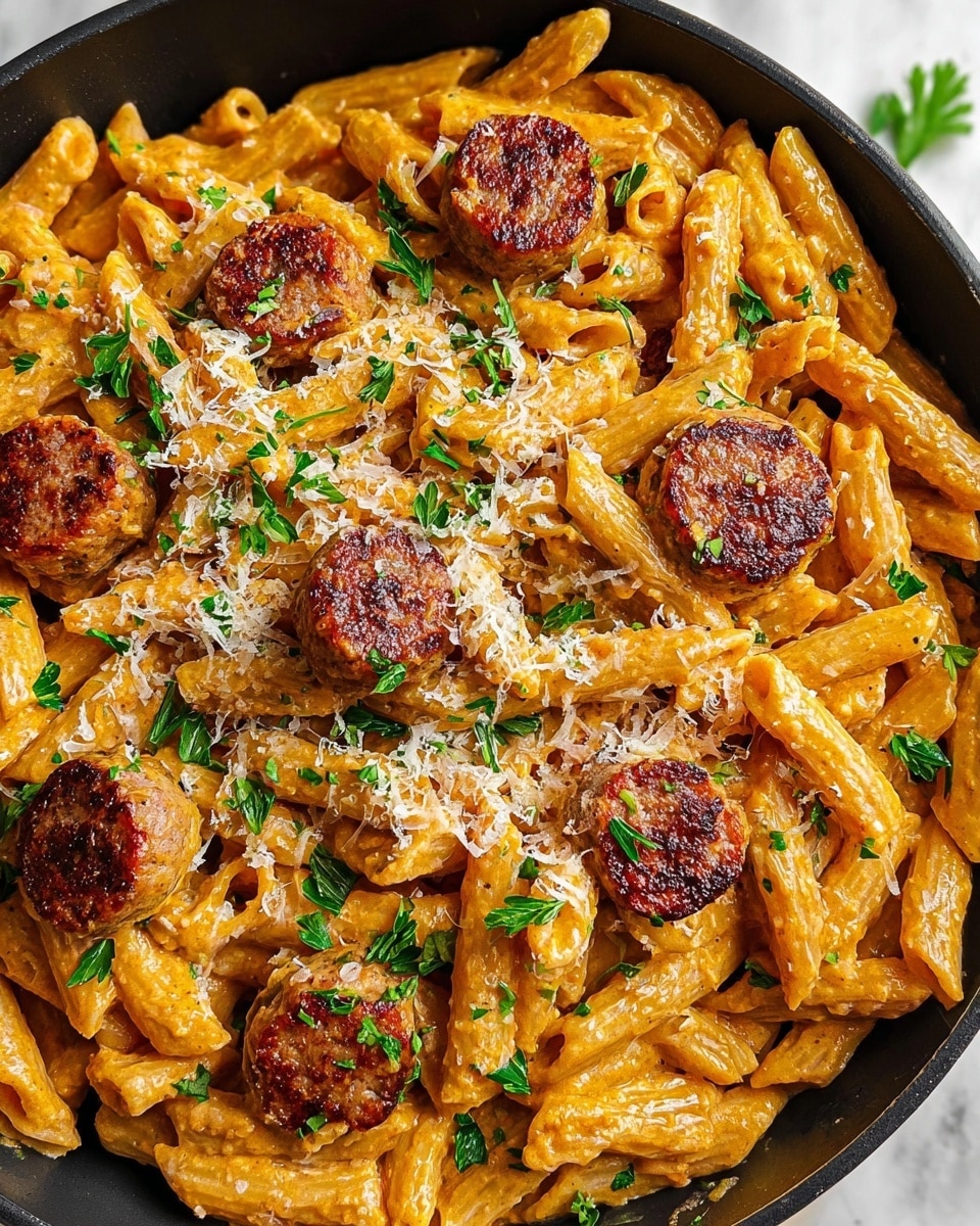 The image shows a close-up of creamy orange-colored penne pasta coated in sauce, mixed with several browned sausage slices that have a slightly crispy texture on top. The pasta is garnished with finely grated cheese and small green parsley leaves scattered evenly over the dish. The sausage pieces are round and browned, adding visual contrast against the smooth pasta. The pasta and sausage rest in a black pan placed on a white marbled surface. photo taken with an iphone --ar 4:5 --v 7
