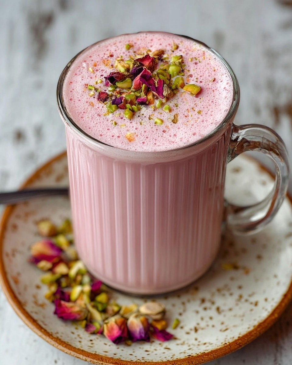 A tall glass mug with vertical grooves is filled with a pink, frothy drink topped with green pistachio nuts and small red rose petals. The mug sits on a round white plate with a brown speckled pattern, and some pistachios and rose petals are scattered on the plate around the base of the mug. The background is a white marbled texture. photo taken with an iphone --ar 4:5 --v 7