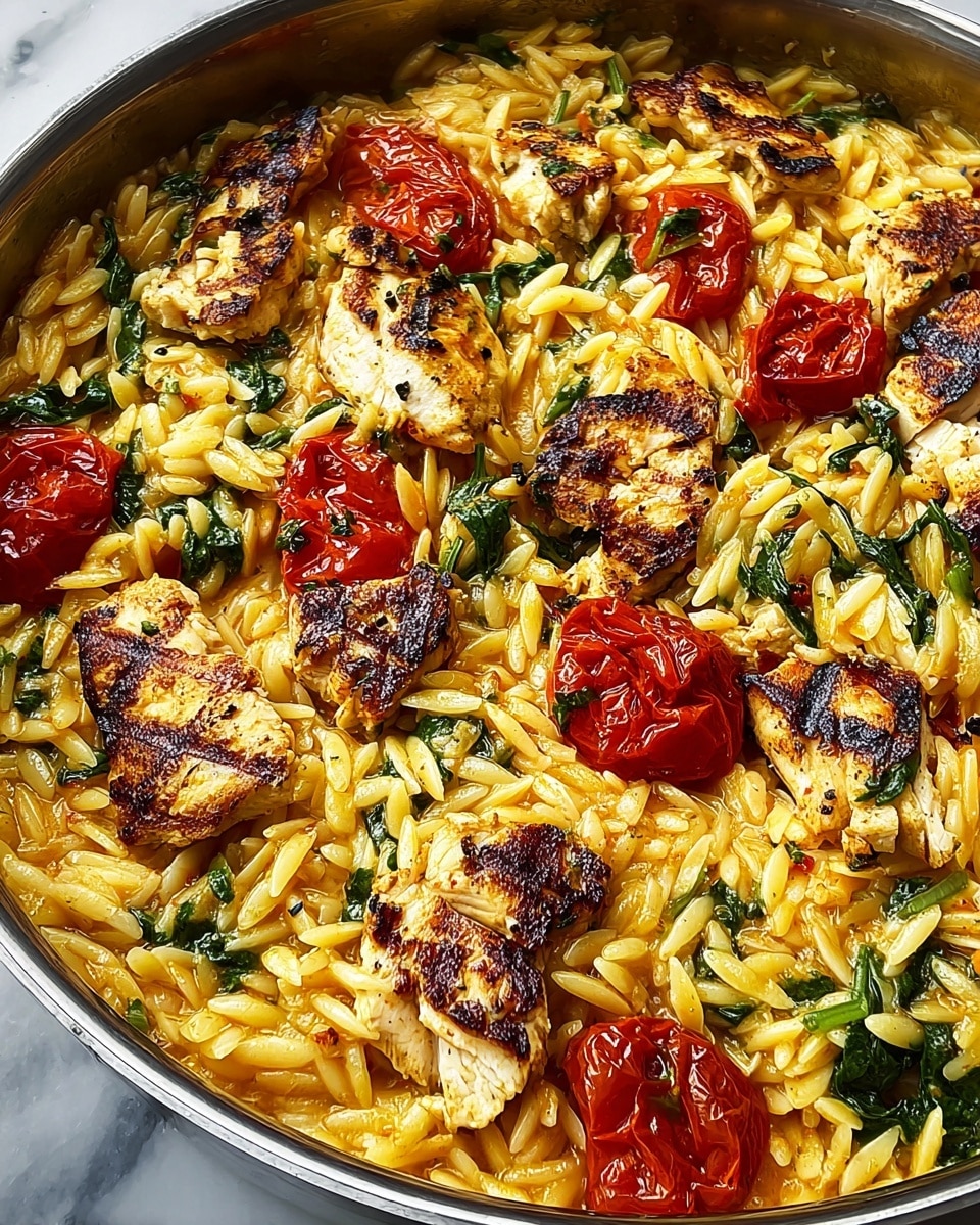A close-up view of a cooked dish in a silver pan, featuring a base layer of soft, yellow-orange orzo pasta mixed with finely chopped herbs and small spinach leaves that add green color throughout. Scattered on top are grilled chicken pieces with visible char marks, golden brown and slightly crispy on the edges. Roasted cherry tomatoes punctuate the dish with their wrinkled, deep red skin, adding a burst of color and texture. The whole scene rests on a white marbled surface, emphasizing the warm, inviting colors of the food, photo taken with an iphone --ar 4:5 --v 7