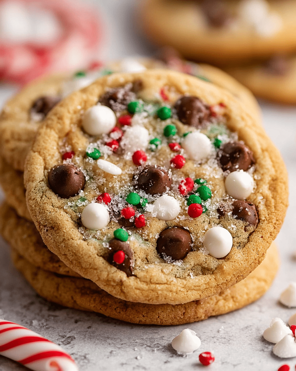 A close-up view of a stack of soft, golden brown cookies with a slightly cracked texture. The top cookie is decorated with large dark brown chocolate chips, white chocolate chips, and small red and green round sprinkles spread evenly across the surface. The cookie is lightly dusted with white sugar crystals that sparkle on the top. The cookies rest on a white marbled textured surface with blurred cookies and a red and white striped item in the background. Photo taken with an iphone --ar 4:5 --v 7