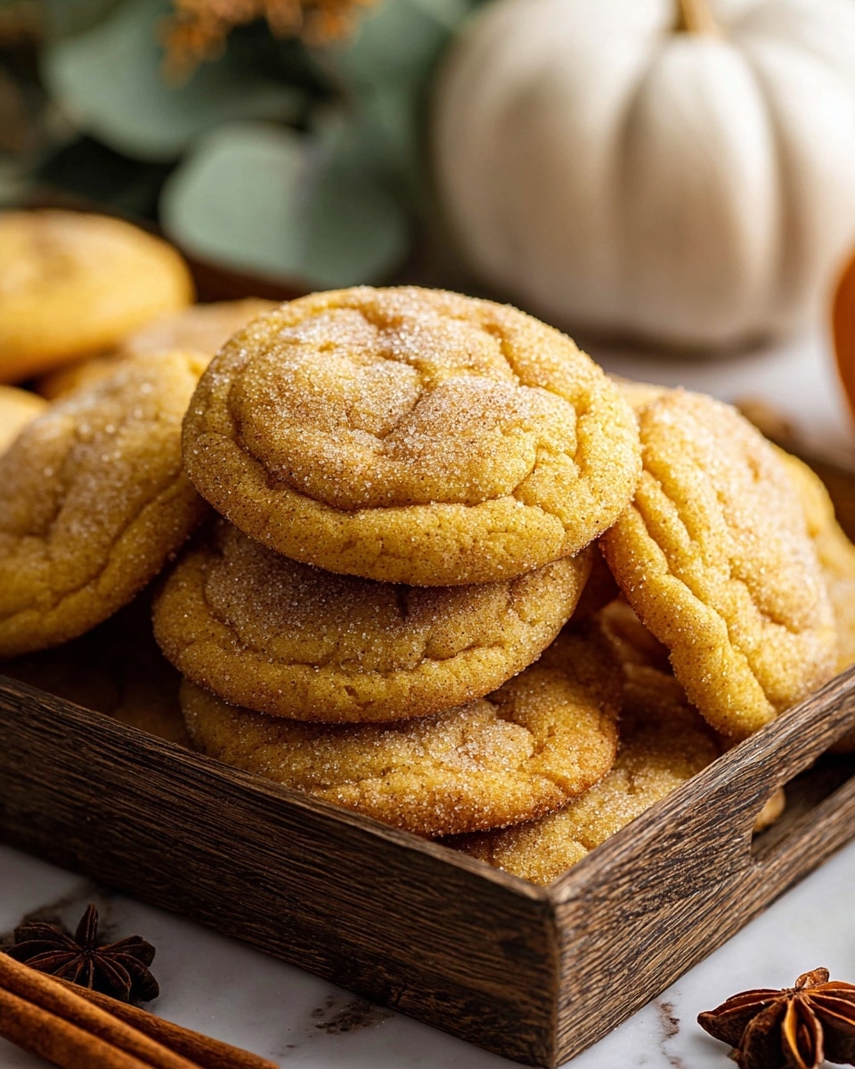 A white plate holds a stack of six round, soft-looking cookies with a golden brown color and a slightly cracked top texture. Each cookie is sprinkled with sugar, giving them a sparkling effect. The cookies are placed unevenly, some overlapping, showing a dense and chewy inside. The plate sits on a white marbled surface, with scattered cinnamon sticks and blurred autumn decorations in the background. photo taken with an iphone --ar 4:5 --v 7