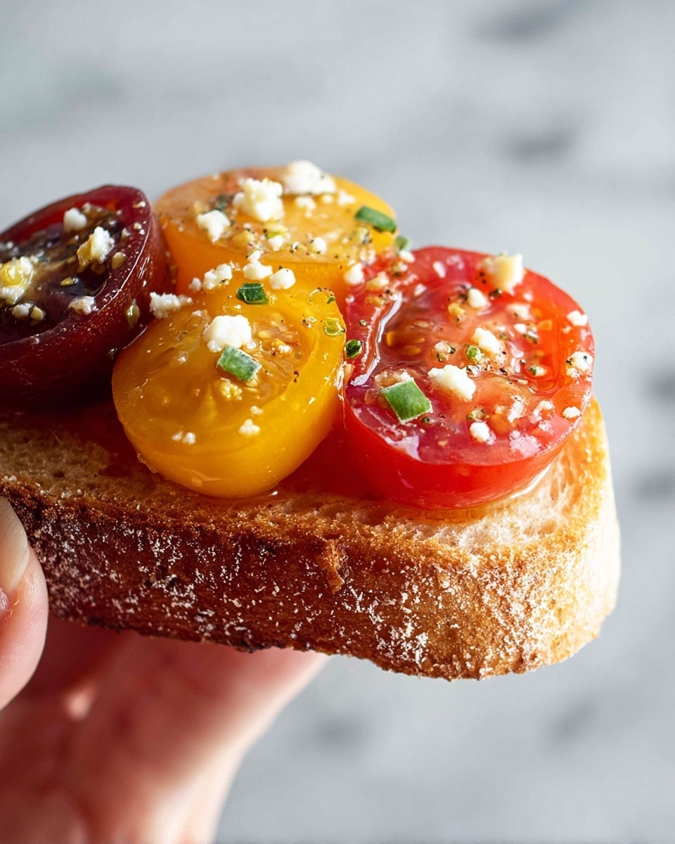 A close-up of a small slice of toasted bread with a crunchy light brown crust and soft inside held by a woman's hand at the bottom right. On top, there are three colorful halved cherry tomatoes in layers: a shiny dark red tomato front left, a bright yellow tomato with a slightly textured inside center top, and a glossy deep red tomato half on the right. Small white crumbles of cheese and tiny green herb pieces are sprinkled on the tomatoes. The background is a soft white marbled texture. photo taken with an iphone --ar 4:5 --v 7