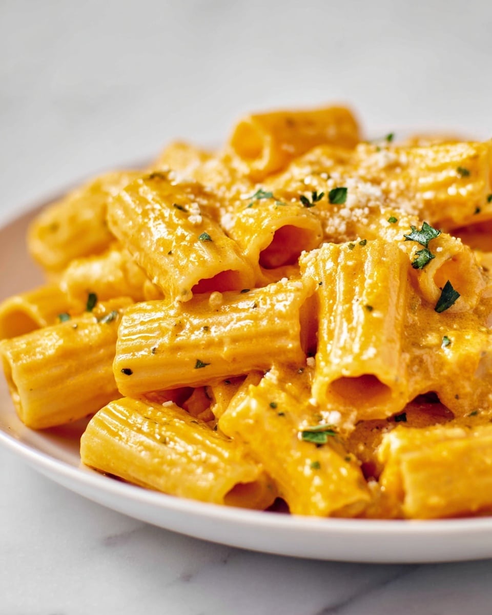 The image shows a close-up of a single layer of rigatoni pasta coated in a smooth, creamy orange sauce. The sauce covers the pasta evenly, giving it a glossy texture. Small bits of green herbs are scattered across the pasta, adding contrast. There are also fine white cheese crumbs sprinkled lightly on top. The rigatoni pieces have visible ridges and hollow centers, and they rest on a white plate that sits on a white marbled surface. Photo taken with an iphone --ar 4:5 --v 7