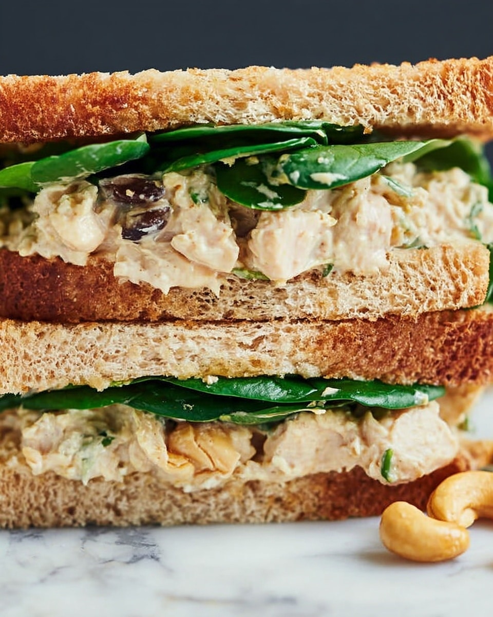 The image shows a close-up of a sandwich made of three layers of toasted bread with a light golden brown color and a crisp texture. Between the bread layers, there is a layer of fresh green spinach leaves, topped with chunks of creamy beige chicken salad mixed with small dark brown raisins or nuts. At the bottom edge of the sandwich, there are some whole cashew nuts scattered. The sandwich sits on a white marbled surface. Photo taken with an iphone --ar 4:5 --v 7
