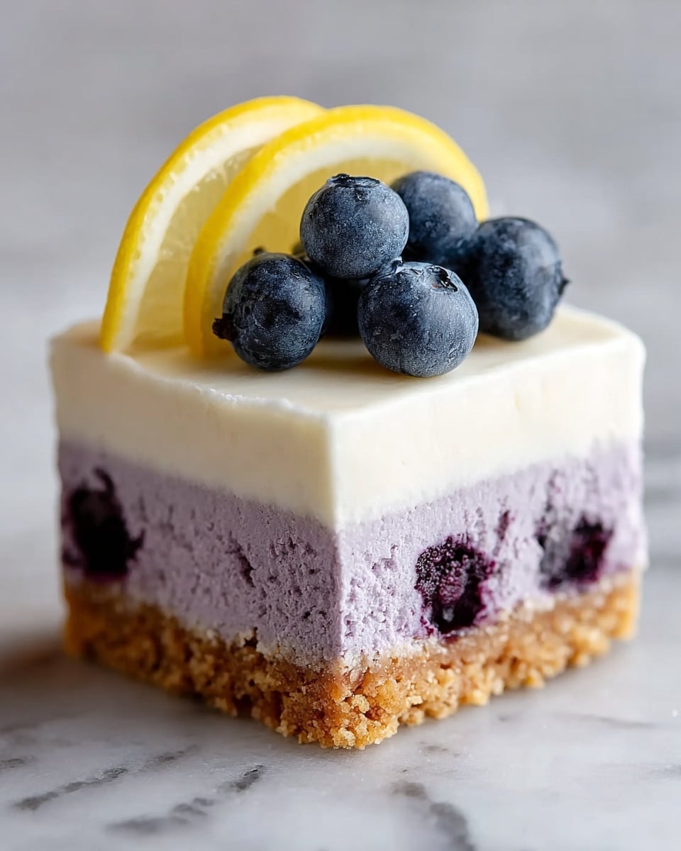A three-layer square dessert sits on a white marbled surface. The bottom layer is crumbly and golden brown, resembling a graham cracker crust. The middle layer is thick, soft, and light purple with bits of dark blueberries embedded inside. The top layer is smooth, creamy, and white, topped with six fresh, plump blueberries arranged in a small cluster and two thin lemon slices placed behind the blueberries. The photo is taken close-up, showing the texture clearly. Photo taken with an iphone --ar 4:5 --v 7