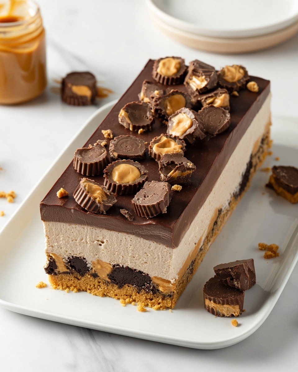 A rectangular ice cream cake on a white plate shows four layers from top to bottom: a smooth dark chocolate layer covered with chunks of dark chocolate peanut butter cups, a thick light beige ice cream layer with a soft and creamy texture, a thin golden brown cookie crumb crust, and a final dark chocolate base with embedded pieces of peanut butter cups. Several peanut butter cup pieces and a jar of peanut butter stand on a white marbled surface around the plate. photo taken with an iphone --ar 4:5 --v 7