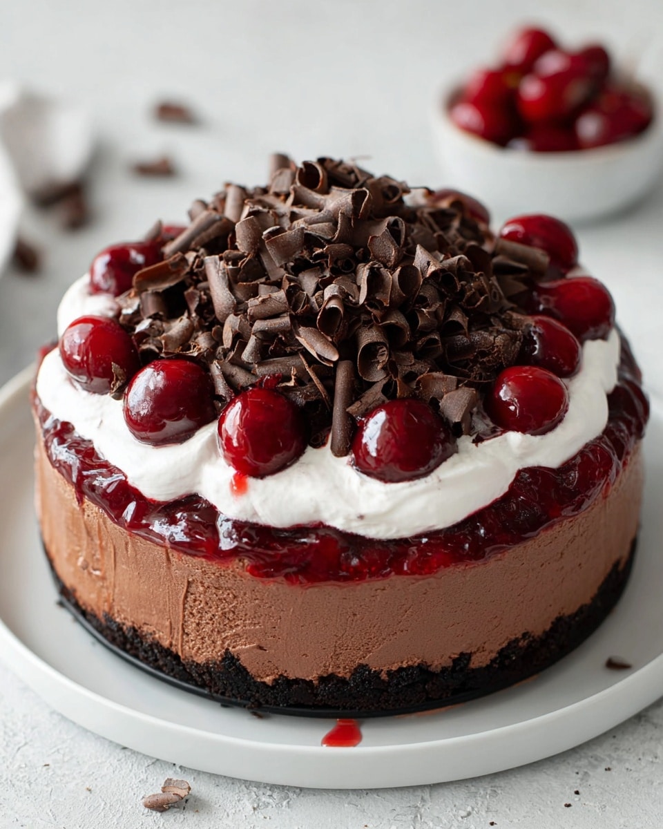 A round cake with three visible layers sits on a white plate on a white marbled textured surface; the bottom layer is a dark chocolate crumb crust, the middle layer is thick smooth chocolate mousse in a rich brown color, topped with a generous layer of glossy red cherry sauce with whole cherries, then a dollop of white whipped cream in the center, and finally topped with a large pile of dark chocolate curls covering the middle of the cake. Photo taken with an iphone --ar 4:5 --v 7