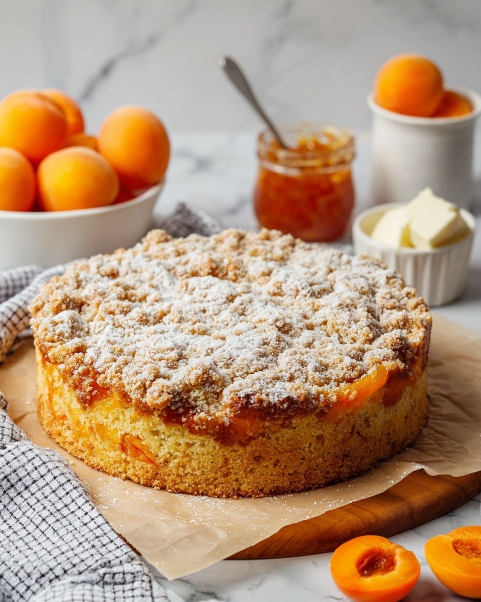 A round apricot crumb cake sits on a piece of parchment paper on a wooden board, showing three distinct layers: a golden brown base cake, a middle layer with visible soft apricot pieces peeking through, and a top layer of crumbly streusel sprinkled with powdered sugar, creating a textured, light dusting effect. The background shows a white bowl filled with whole apricots, a white butter dish, and a glass jar of apricot jam on a white marbled texture surface. A white and black checkered cloth is partially visible on the left side. Photo taken with an iphone --ar 4:5 --v 7