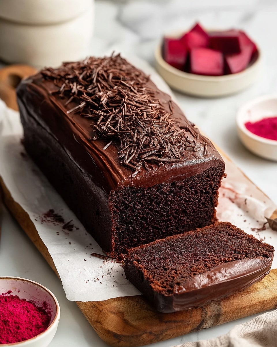 A rectangular chocolate loaf cake sliced at the front showing one thick, dark brown, moist layer inside with a smooth, shiny chocolate frosting covering the entire outside. On top, there is a thick layer of chocolate shavings spread down the middle, adding texture and richness. The cake is placed on white parchment paper on a wooden board, surrounded by small white dishes filled with bright red powder and cut pieces of reddish root vegetable, all set on a white marbled surface. photo taken with an iphone --ar 4:5 --v 7