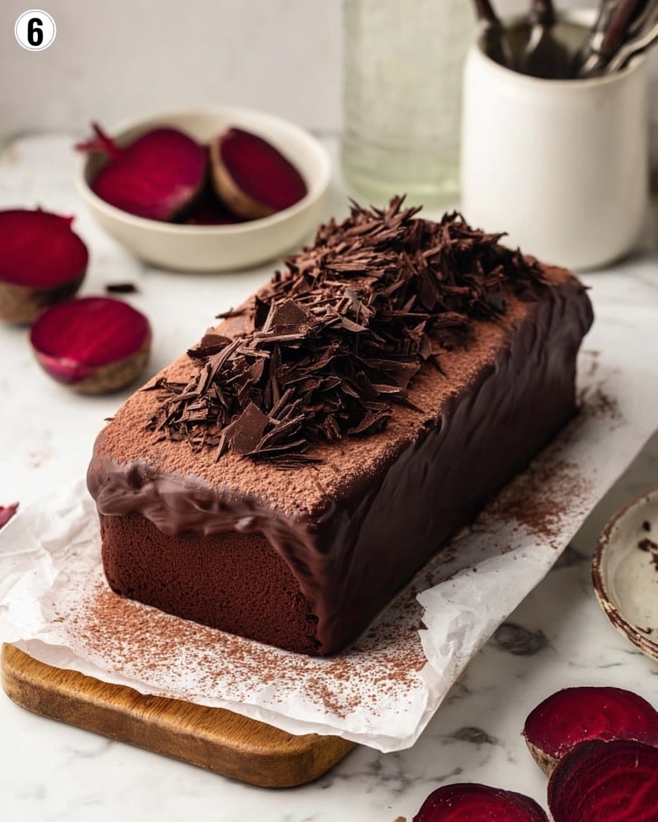 A rectangular chocolate cake covered in smooth, dark chocolate ganache with a dusting of cocoa powder on top, topped with a generous pile of dark chocolate shavings arranged along the center. The cake sits on white paper over a wooden board, with sliced red beetroot pieces in a white bowl and fresh beets placed around it on a white marbled surface. In the background, there is a white bowl holding utensils and a glass jar containing a white liquid. Photo taken with an iphone --ar 4:5 --v 7