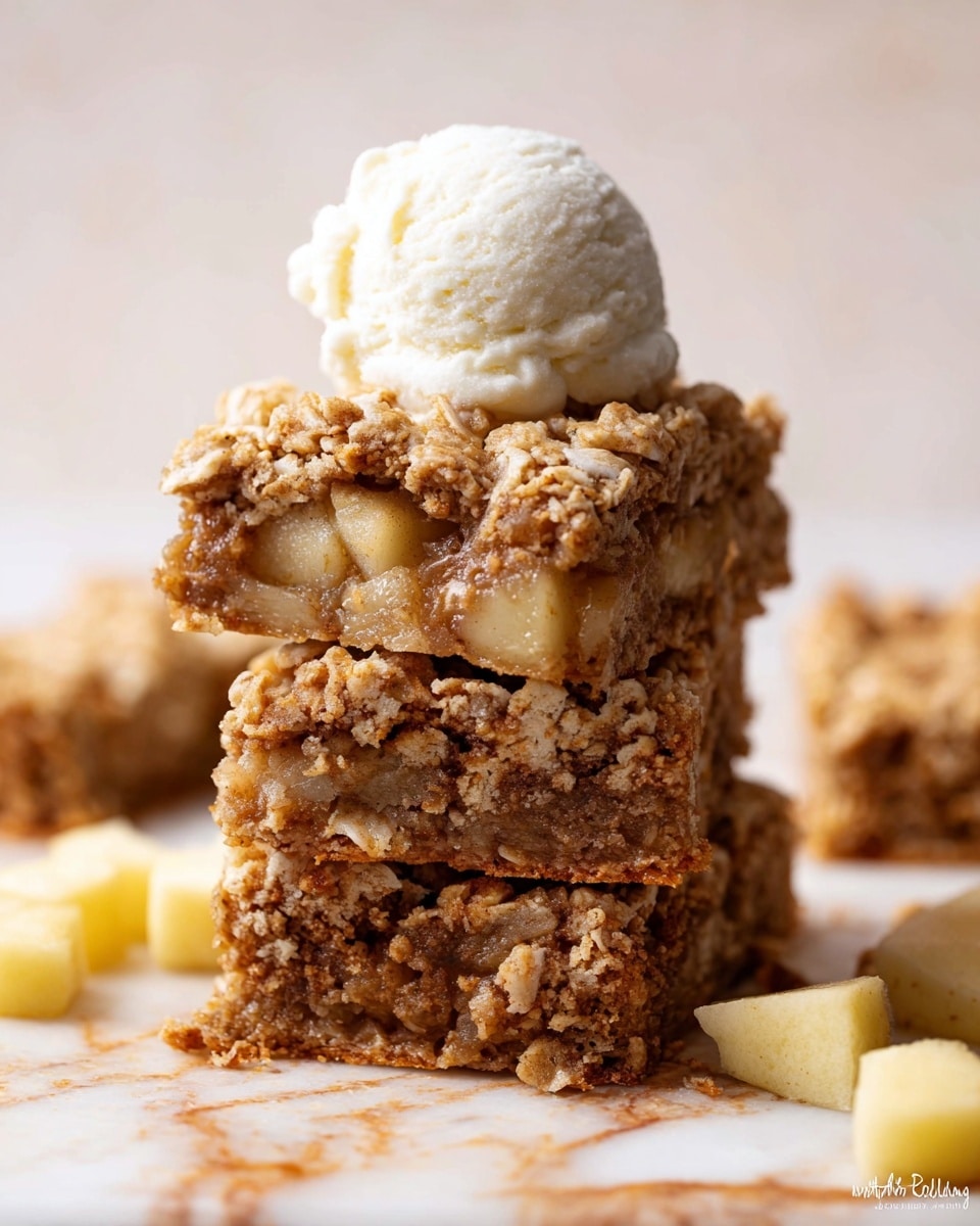 A close-up view of a stack of three square oat bars with visible chunks of baked apple inside, showing a crumbly and textured golden-brown oat crust and soft apple pieces layered throughout; the top of the stack is crowned with a single scoop of creamy white ice cream that appears slightly melting, all placed on a white marbled textured surface with small apple cubes scattered nearby, creating a warm and inviting feel. photo taken with an iphone --ar 4:5 --v 7