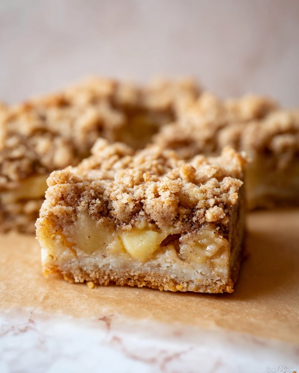 The image shows a close-up of a crumbly square dessert with three layers. The bottom layer is a firm, pale base, the middle layer is filled with small pieces of light yellow fruit mixed with a soft dough, and the top layer is a rough, crumbly streusel topping in light brown color with a grainy texture. The dessert pieces are placed on light brown parchment paper, which contrasts with the white marbled texture background. Photo taken with an iphone --ar 4:5 --v 7