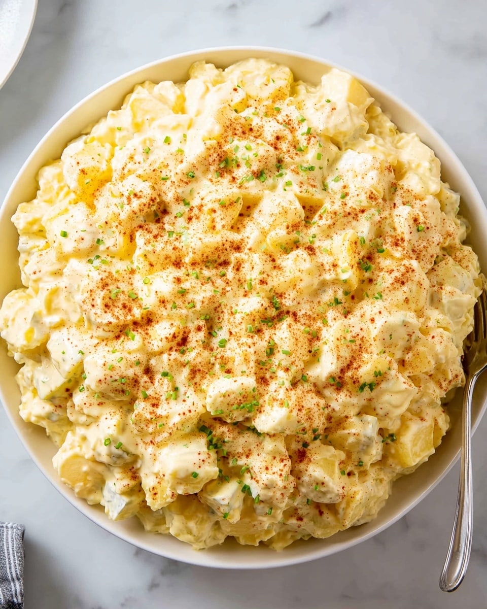 A large white bowl filled with creamy potato salad. The dish has a thick and smooth yellowish-white dressing covering small chopped potato pieces evenly. The top of the salad is sprinkled lightly with reddish-brown seasoning, adding a gently speckled texture. The bowl sits on a white marbled surface, with a small fork visible on the right side. The potato salad looks soft and rich, with a slightly glossy finish on the dressing. photo taken with an iphone --ar 4:5 --v 7