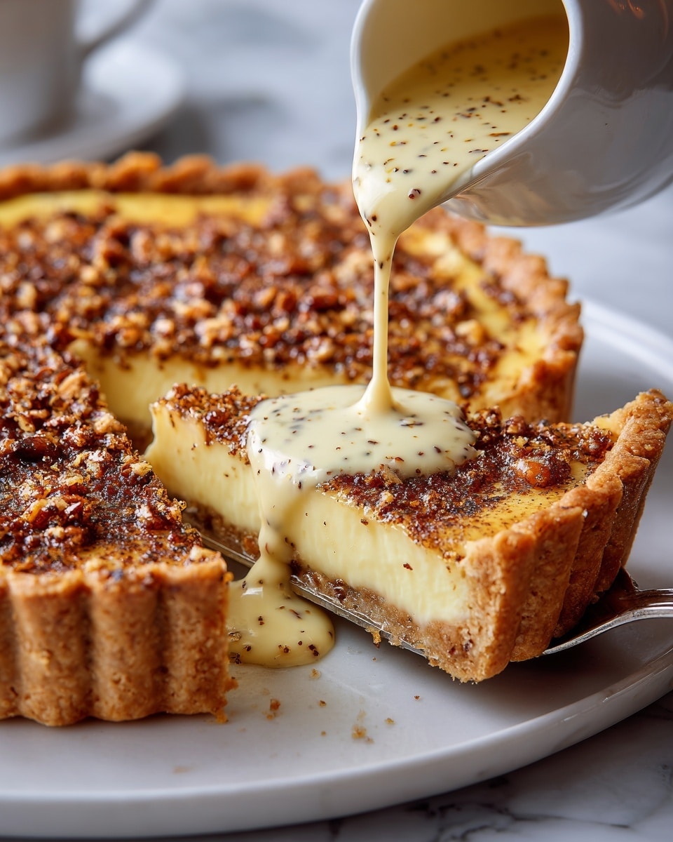 A golden brown tart with a flaky crust forms the base layer, holding a thick, creamy pale yellow custard as the second layer. The top layer is a browned, crumbly nut and sugar mix, providing a textured surface with a slightly caramelized look. A slice is being lifted with a fork, showing the smooth custard and crunchy topping in cross-section. Creamy sauce speckled with small dark bits is being poured from a small white jug onto the tart's center, adding a glossy and rich touch. The tart sits on a white plate, placed on a white marbled surface. Photo taken with an iphone --ar 4:5 --v 7