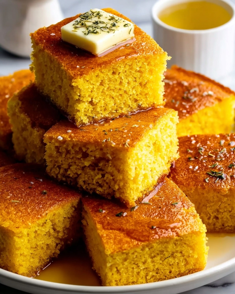The image shows several square pieces of golden brown cornbread arranged in a circle on a white plate with one piece stacked in the middle on top of the others. The cornbread has a moist, crumbly texture with a golden yellow inside and slightly darker, caramelized crust on the top and edges. A small square of butter sprinkled with herbs sits on top of the stacked piece, melting slightly and adding a glossy shine. Light syrup is drizzled over the cornbread, giving a sticky, shiny look, especially on the top pieces. The background is a white marbled texture and there is a small white cup with a yellow liquid in it. Photo taken with an iphone --ar 4:5 --v 7