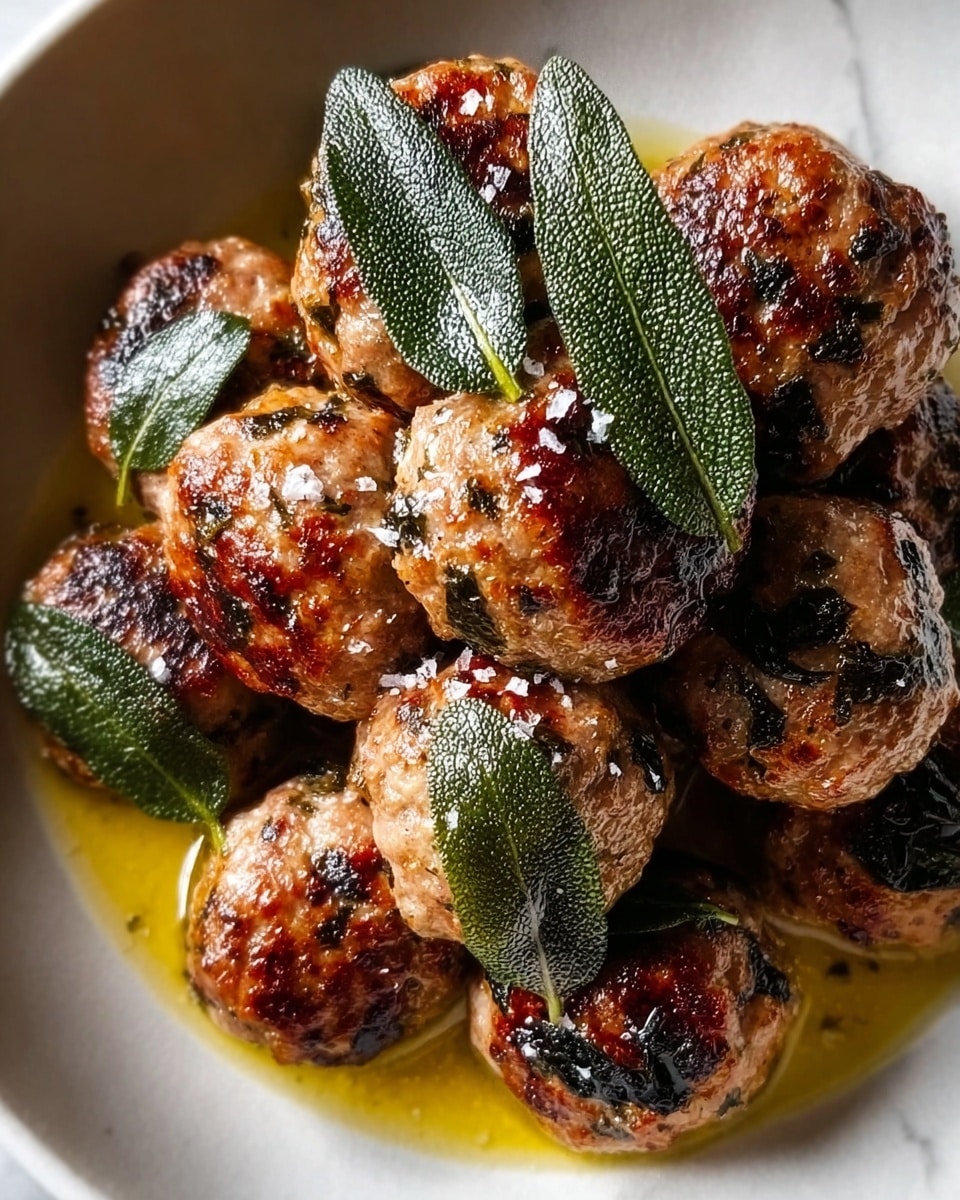 A white bowl holds a stack of round, browned meatballs with a slightly charred and crispy outside. Each meatball has dark green herb bits mixed in, and bright green sage leaves rest on top of several meatballs, adding contrast. Coarse sea salt crystals are sprinkled over the meatballs, and a golden oily sauce pools at the bottom of the bowl, giving a shiny texture. The bowl is set on a white marbled surface. photo taken with an iphone --ar 4:5 --v 7
