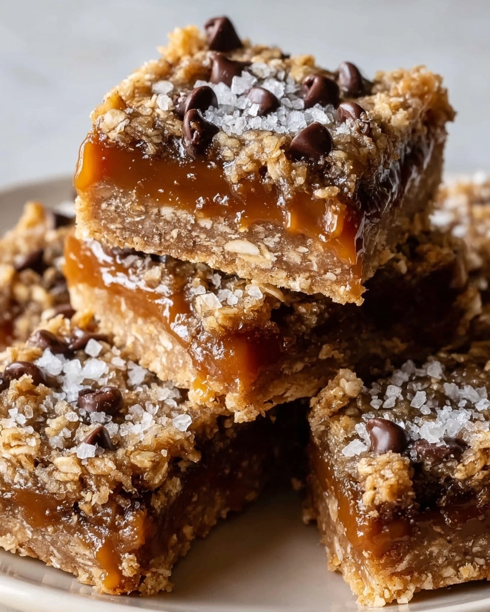 The image shows several square oat bars stacked closely together on a white plate, resting on a white marbled surface. Each bar has three visible layers: the bottom layer is a coarse, golden-brown oat crust; the middle layer consists of a smooth, rich caramel with a deep amber color; the top layer is another oat mixture with dark chocolate chips scattered throughout and sprinkled generously with large, white flaky salt crystals. The caramel layer oozes slightly between the oat layers adding a sticky texture to the bars. Photo taken with an iphone --ar 4:5 --v 7