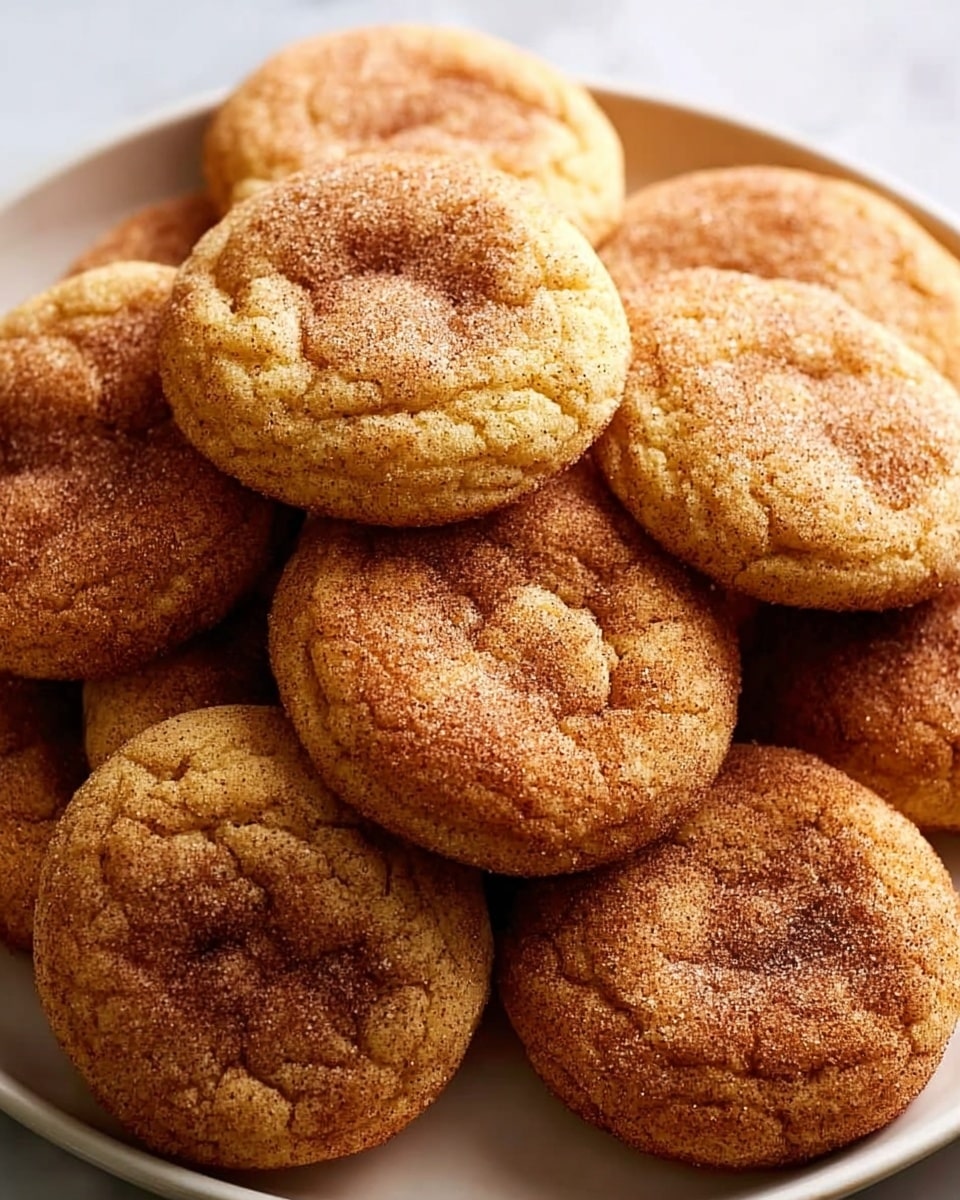 A pile of about ten soft cookies with cracked tops, coated evenly with cinnamon sugar, showing a golden brown color with darker brown sugary spots. The cookies are round with slightly rough edges and are stacked on a white plate. The texture looks soft and chewy with a lightly grainy sugar coating. The background is a white marbled surface. photo taken with an iphone --ar 4:5 --v 7