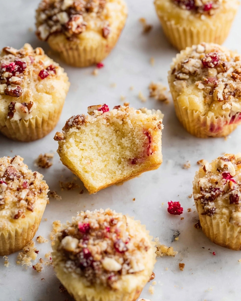 The image shows a group of small muffins arranged on a white marbled surface. Each muffin has two clear layers: a light yellow, soft cake base with a moist texture, and a crunchy topping made of chopped nuts, oats, and small red berry pieces scattered unevenly on top. One muffin is broken open, revealing a fluffy interior. The muffins have ridged sides from the baking cups, and some crumbs are scattered around them. The overall look is fresh, inviting, and textured. photo taken with an iphone --ar 4:5 --v 7
