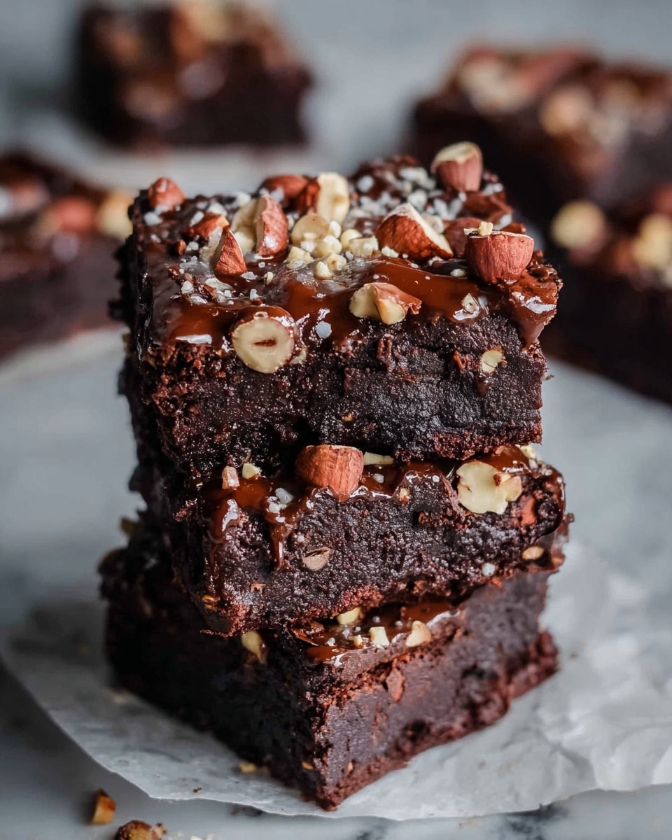 A stack of four thick, dark brown brownies sits on white parchment paper over a white marbled surface. Each brownie layer is dense and moist, with cracks showing a fudgy texture inside. The top of each brownie is covered in a glossy chocolate glaze, sprinkled with chopped hazelnuts and bigger chunks of chocolate, adding a crunchy texture. The edges are rough but clean-cut, and the bright nuts contrast with the rich dark chocolate color. In the background, more brownies are slightly out of focus. photo taken with an iphone --ar 4:5 --v 7