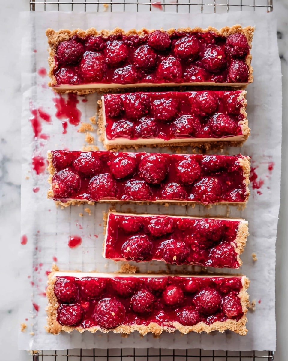 The image shows a rectangular tart cut into four pieces, laid out on white parchment paper over a cooling rack with a white marbled surface beneath. Each piece has three visible layers: the bottom layer is a light brown crust, firm and slightly crumbly; the middle layer is a smooth, pale cream that contrasts softly with the crust; the top layer is a shiny, deep red raspberry jam with whole raspberries embedded evenly across the surface. The tart layers have clear, straight edges, and some raspberry jam has naturally spread on the parchment around the tart. photo taken with an iphone --ar 4:5 --v 7